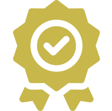Yellow certification badge with black outline, central checkmark, and ribbon tails, symbolizing approval, success, trust, and achievement.