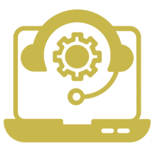 Laptop with a headset and a gearwheel on top of it, indicating that it is a call center
