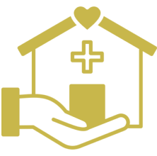 Hand holding a house with a cross and a heart symbol, representing a home care service