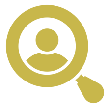 Gold magnifying glass with a user profile silhouette inside the lens, featuring a head-and-shoulders icon on a black background; search concept.