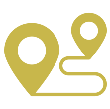 Bold yellow map pin connected to a winding route icon on a black background, symbolizing location, navigation, directions, travel, and wayfinding.