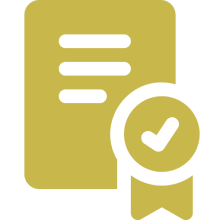 Yellow document icon with three black text lines and a bold checkmark in a circle, plus a ribbon badge, conveying approval or verified paperwork.