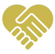 Yellow heart-shaped handshake icon on a black background, symbolizing partnership, cooperation, support, trust, solidarity, and unity.
