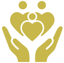 Golden-yellow icon on black showing two cupped hands supporting a large heart, with three figures above, symbolizing family love, care, and support.