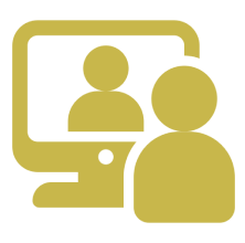 Gold icon on a black background showing a computer monitor with two people, symbolizing online learning, video calls, or digital communication.