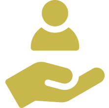 Yellow accessibility icon on a black background: a person above an outstretched hand or arm, conveying care, support, and assistance.