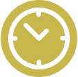 Bold yellow clock icon on a black background, with concentric circular outlines and black hands pointing to approximately 10:10, conveying punctuality.